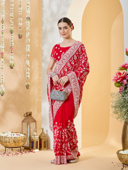 Neelambari Red Embroidered Georgette Saree with Embellished Border & Red Blouse Piece