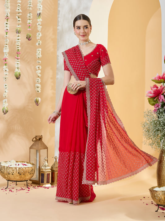 Nishika Red Embroidered Satin Saree with Embroidered Border & Red Blouse Piece