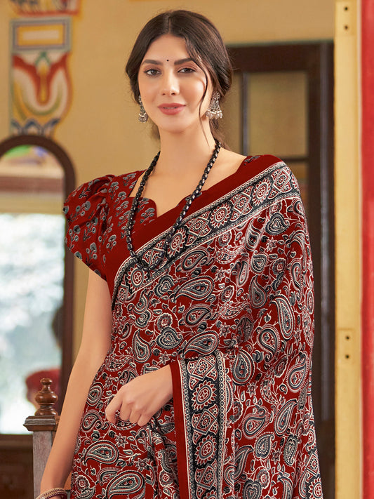 Maroon Traditional Block Printed Saree