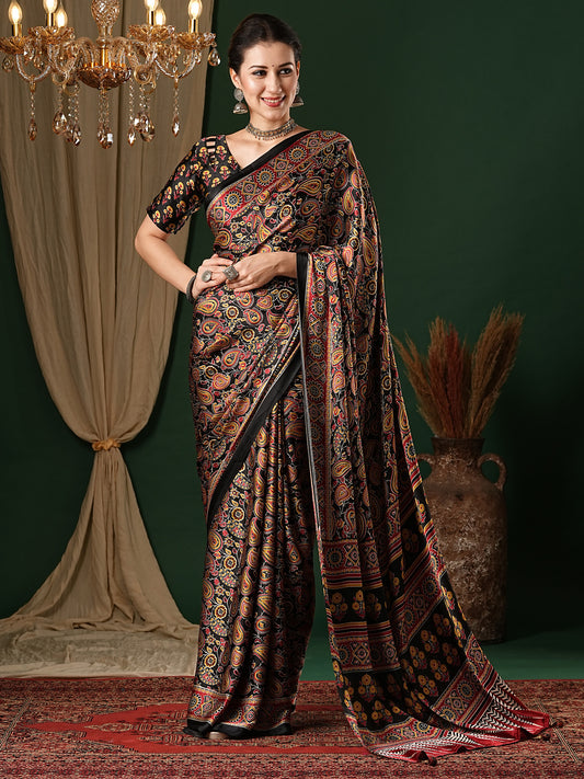 Black Kalamkari Print Saree