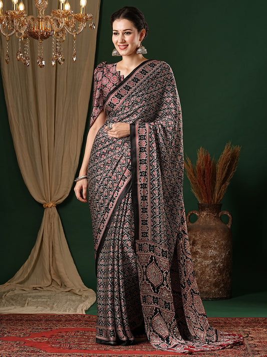 Black Crepe Ajrakh Block Printed Saree