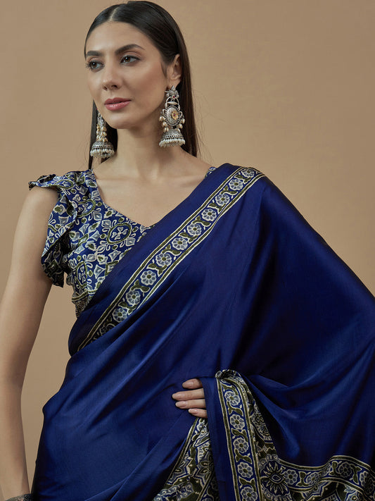 Royal Blue Ajrakh Printed Saree