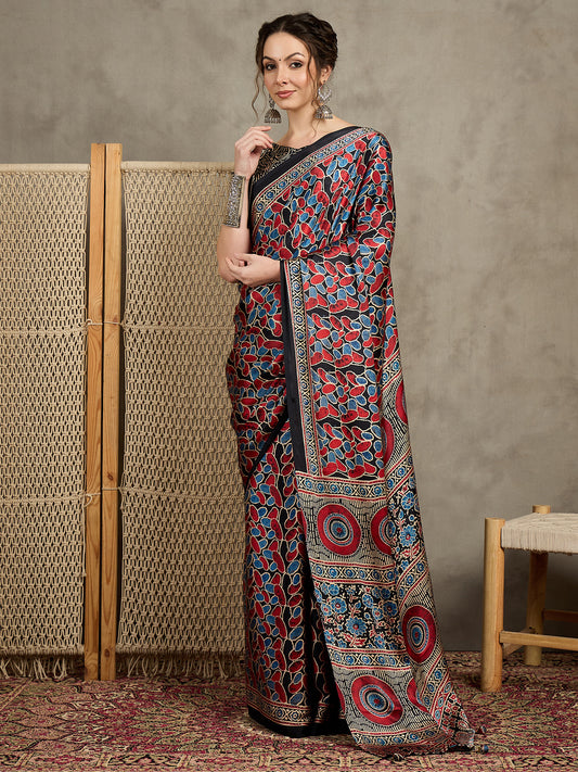 Black Crepe Ajrakh Printed Saree