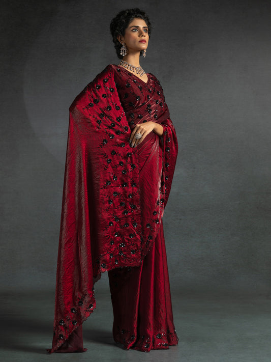 Wine Red Scalloped Tisshu Saree