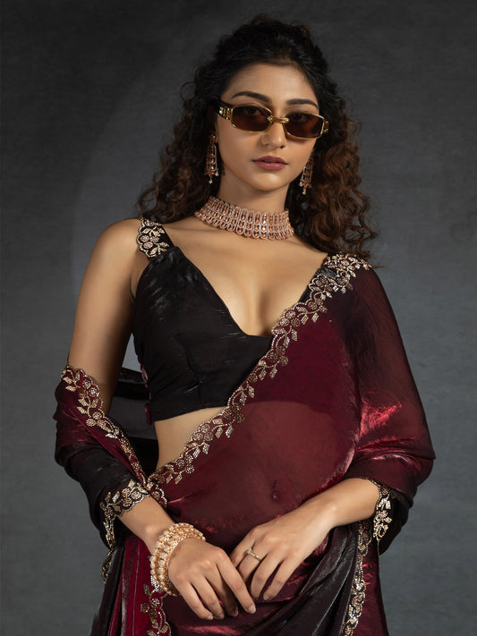 Maroon & Black Satin Silk Dual Tone Scalloped Border Blouse Saree