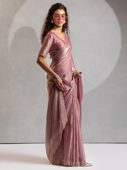 Dusty Lavender Tissue Silk Embroidered Border Modern Aesthetic Saree
