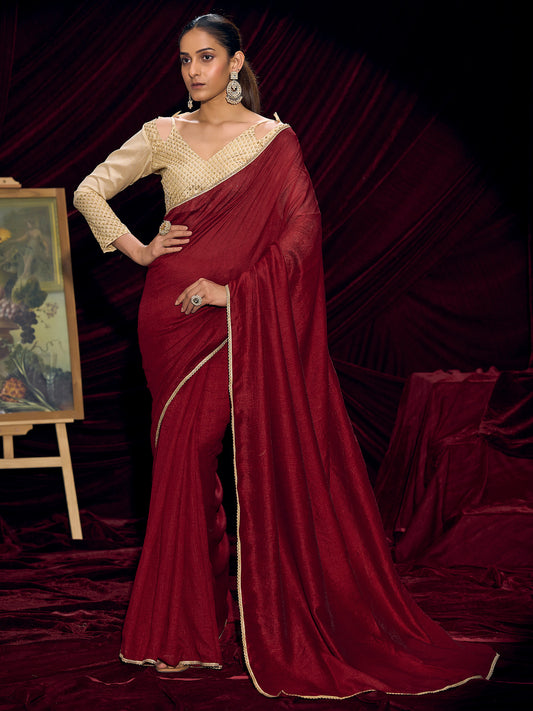 Crimson Silk Saree with Gold Lace Border & Embroidered Blouse