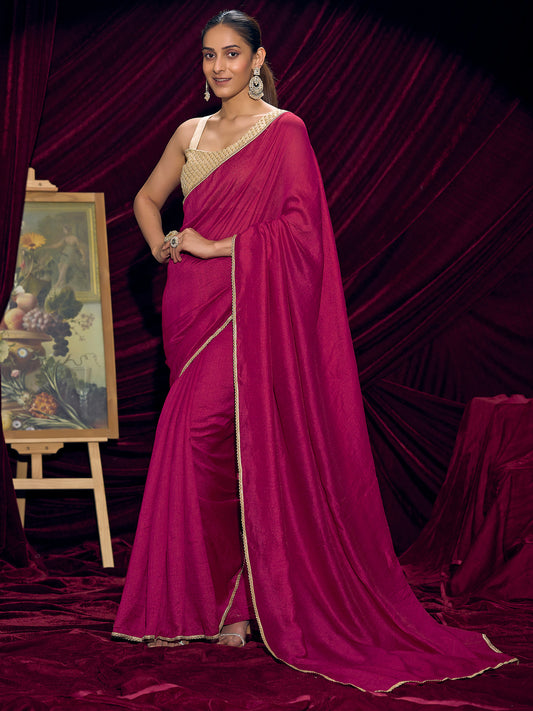 Magenta Silk Saree with Gold Lace Border