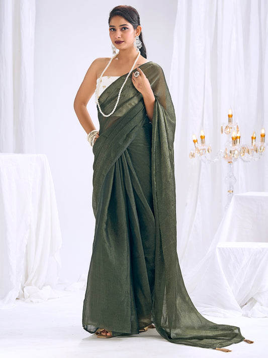 Olive Green Tissue Silk Saree with Embroidered Blouse