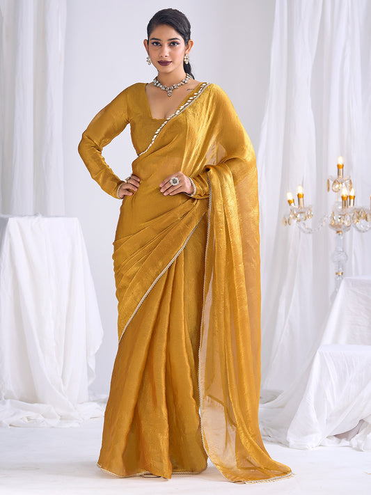 Mustard Yellow Tissue Silk Saree with Shell Lace Border