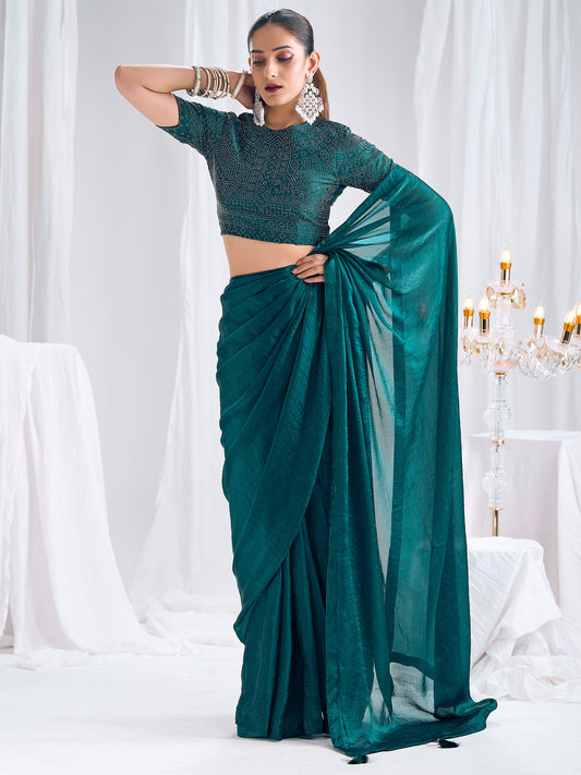 Teal Organza Saree with Embellished Blouse