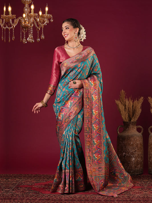 Rama Blue Silk Blend Patola Inspired Weaving Zari Border Blouse Saree