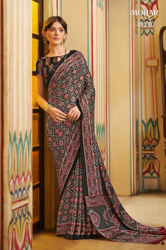 Ajrakh Pallu Saree with Classic print-Plain Border