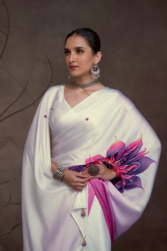 White & Pink Ombre Satin Saree