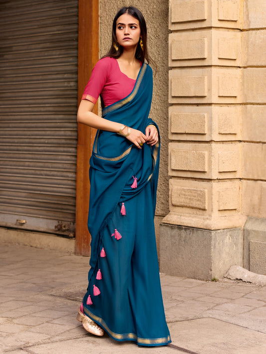 Royal Blue Paisley Border Saree 