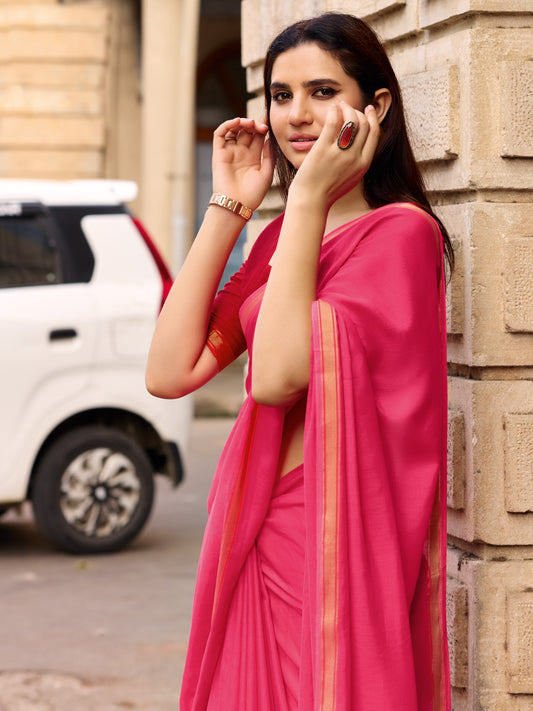 Royal pink Paisley Border Saree