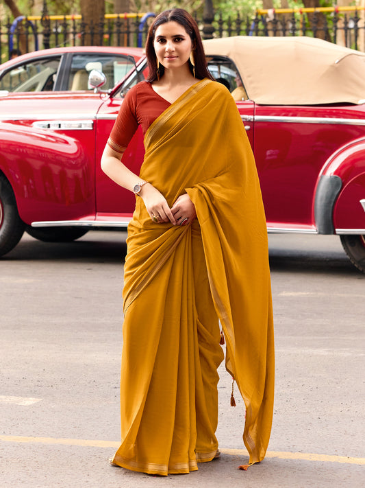 Mustard Yellow Chiffon Saree