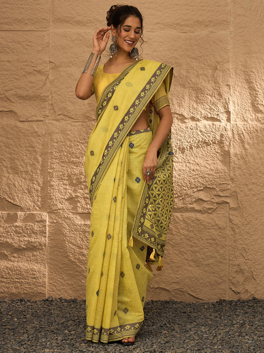 Lemon Yellow Linen Woven with Butti Motifs saree