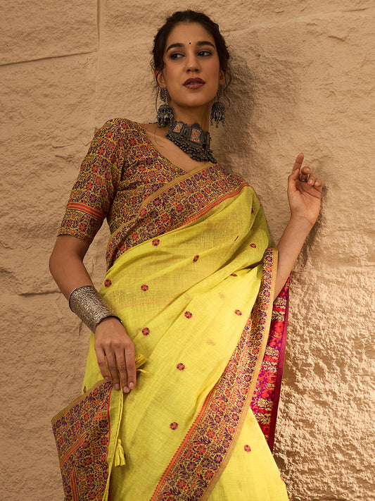 Lemon Yellow Linen Cotton Woven Saree