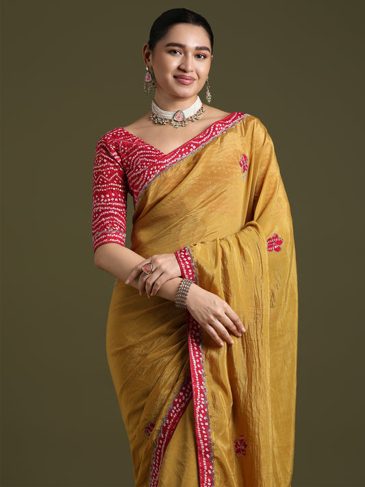 Mustard Yellow Saree with Rani Pink Border