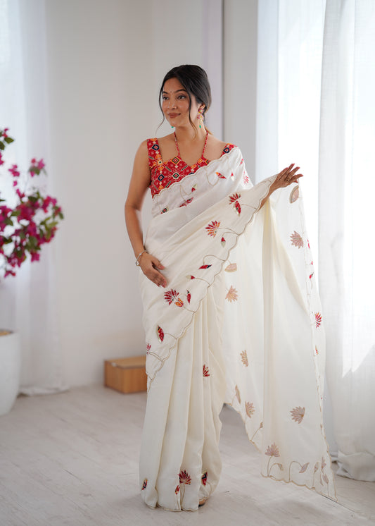 White Embroidered Georgette Saree with Patola Blouse