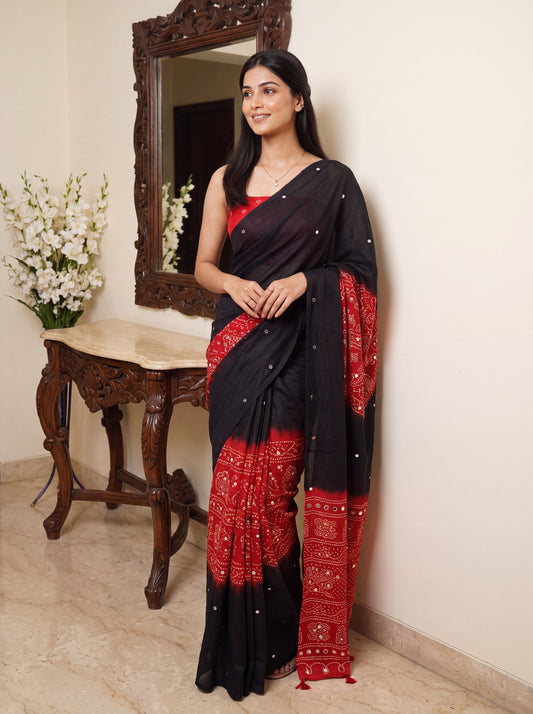 Black & Red Shibori Bandhani Mirror Work Cotton Blend Saree with Tassels Pallu