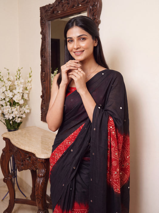 Black & Red Shibori Bandhani Mirror Work Cotton Blend Saree with Tassels Pallu