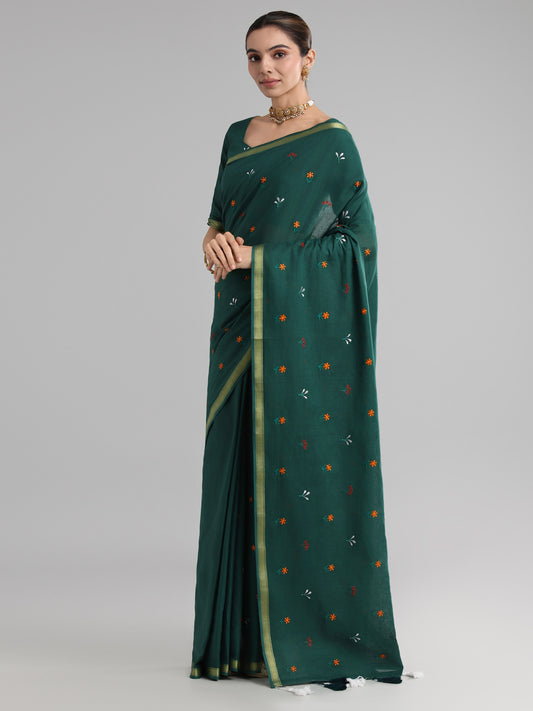 Bottle Green Cotton Saree