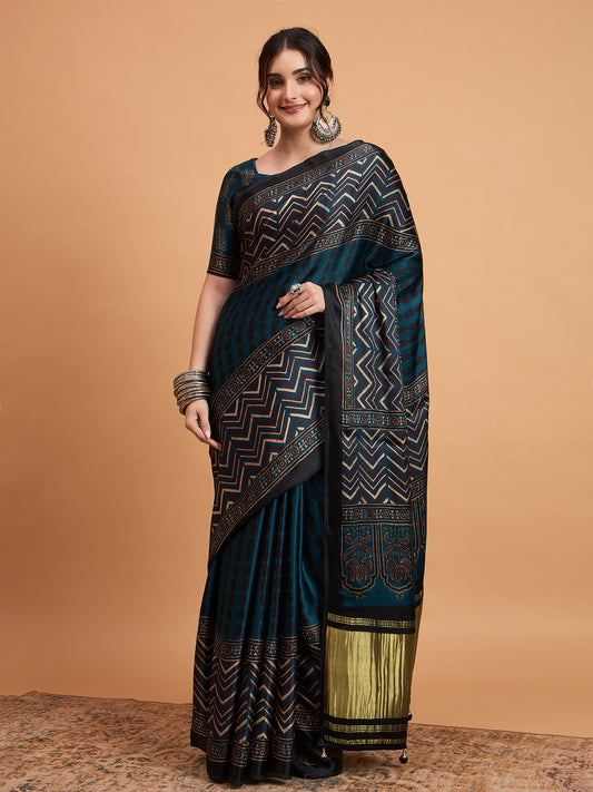 Teal Blue Silk Blend Ajrakh saree