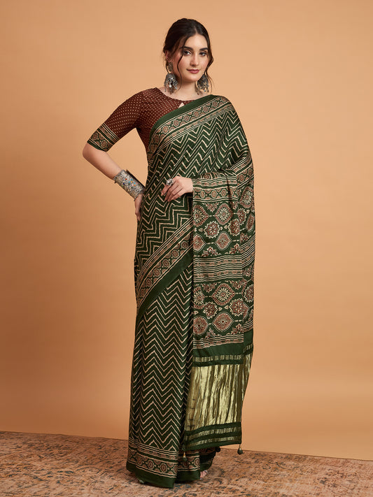 Dark Green Silk Blend Leheriya & Patola Style Print Saree