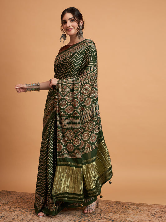 Dark Green Silk Blend Leheriya & Patola Style Print Saree