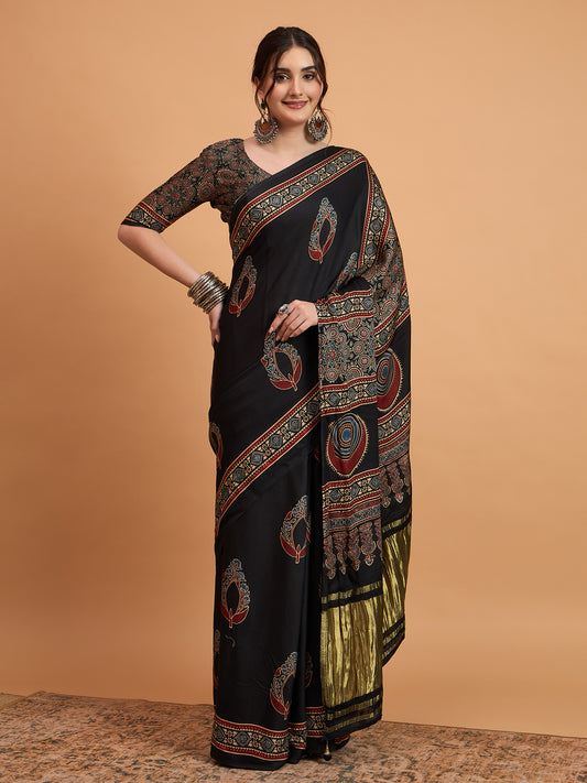 Black Silk Blend Ajrakh Heritage Print Saree
