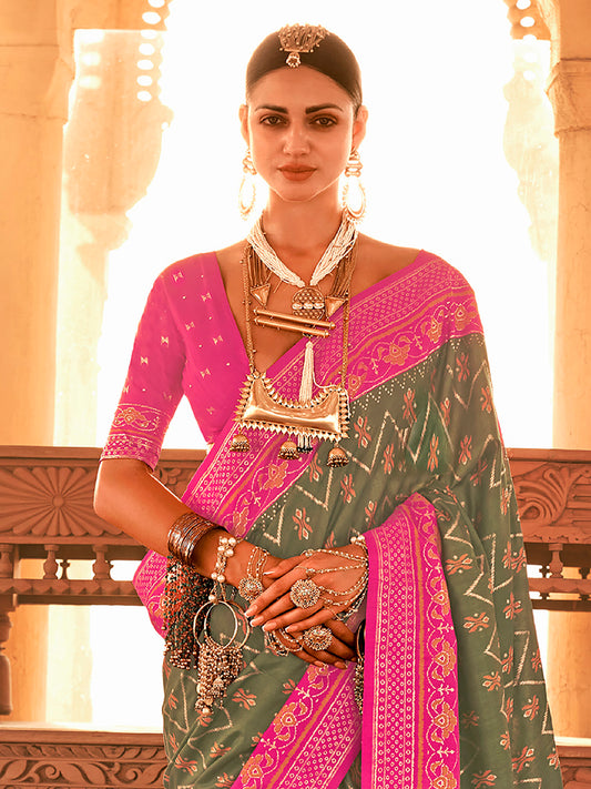 Heritage Sage Green and Pink Patola Silk Blend Saree