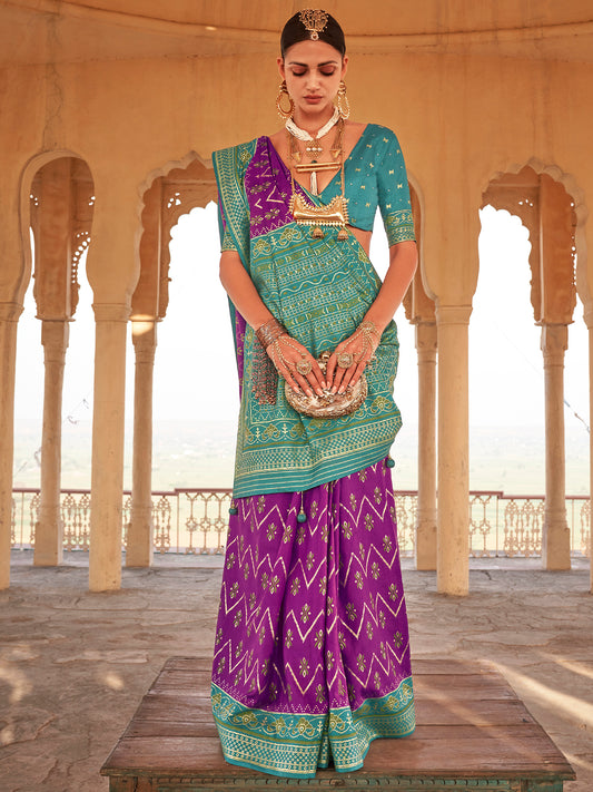 Purple & Rama Green Patola Silk Woven Traditional Motifs Blouse