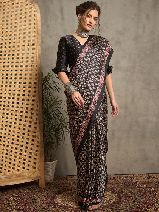 Black Silk Blend Kalamkari Inspired Print Zari Border Saree