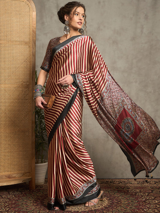 Maroon Satin Silk Ajrakh Printed Saree