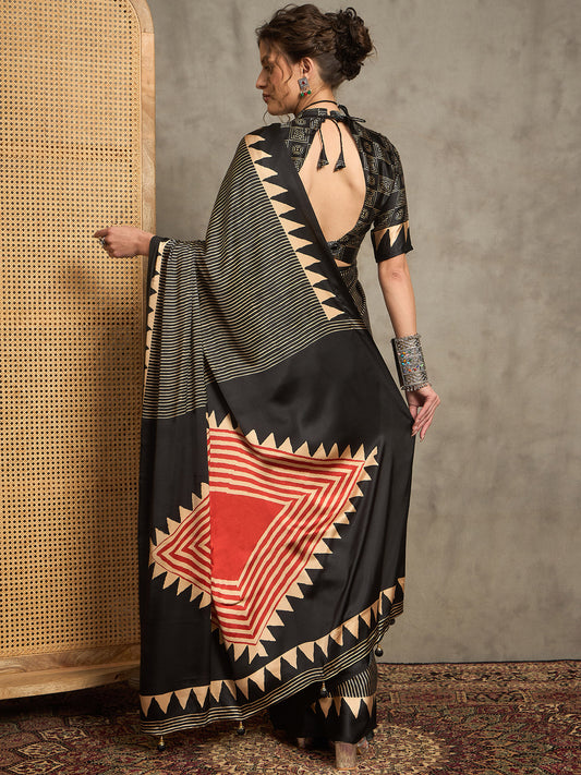 Black Satin Silk Ajrakh Printed Saree
