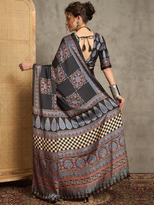 Black Kalamkari Print Silk Blend Saree