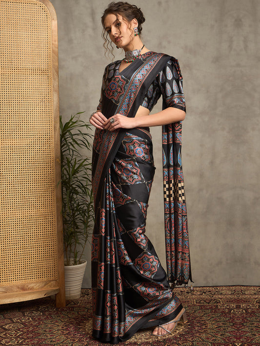 Black Kalamkari Print Silk Blend Saree