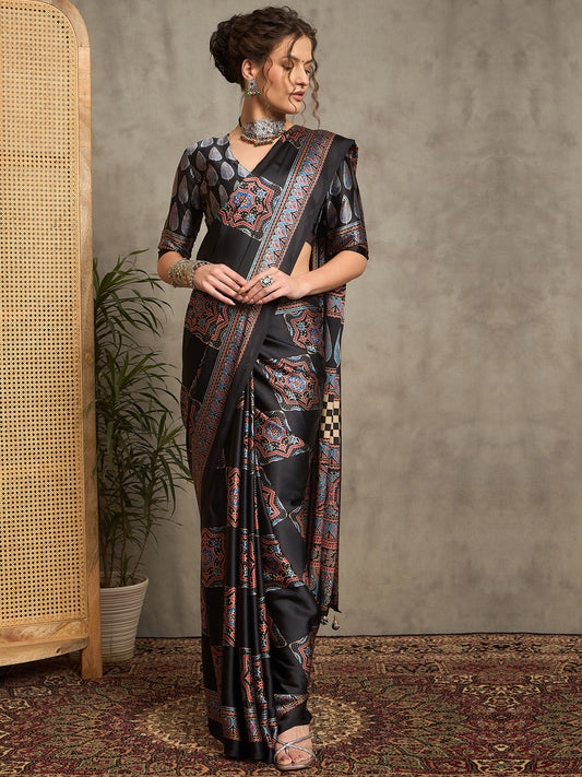 Black Kalamkari Print Silk Blend Saree