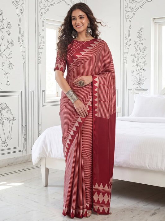 Maroon & Cream Ikat Print Saree