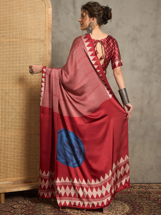 Maroon Satin Silk Ajrakh Print Geometric Motif