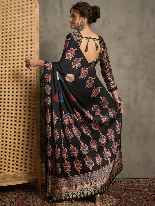 Black Silk Blend Digital Print Patola Saree