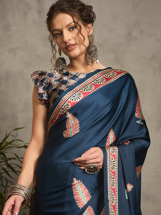 Blue Crepe Printed Saree