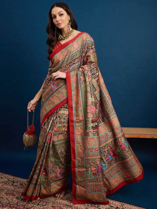 Multi-Color Silk Blend Heritage Kalamkari Style Saree