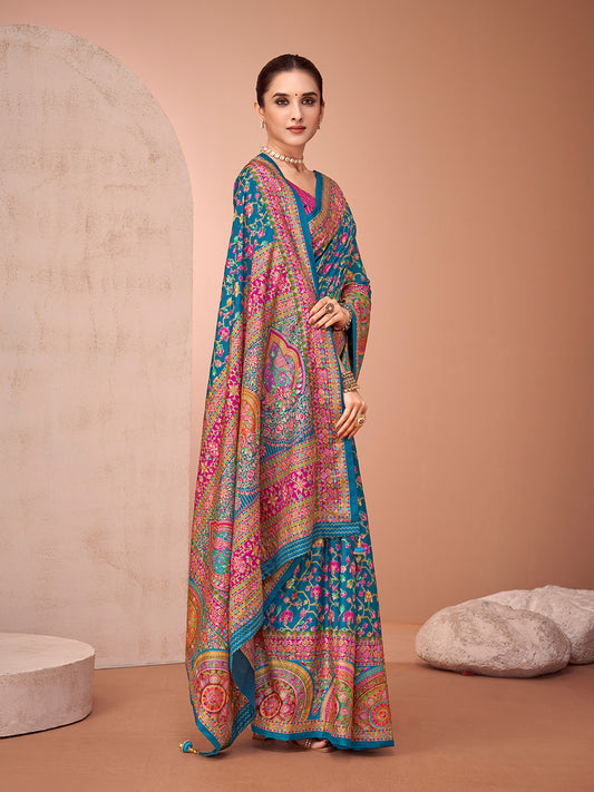 Teal Blue Foil Printed Saree