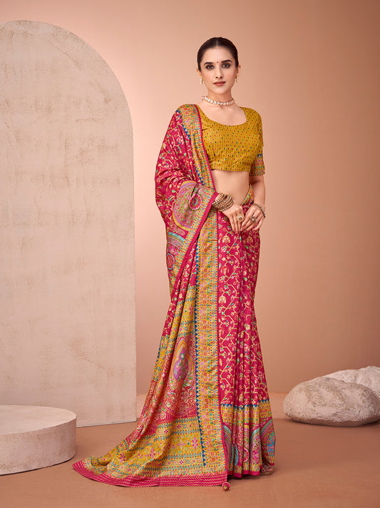 Pink & Yellow Silk Blend Heritage Banarasi Style Saree