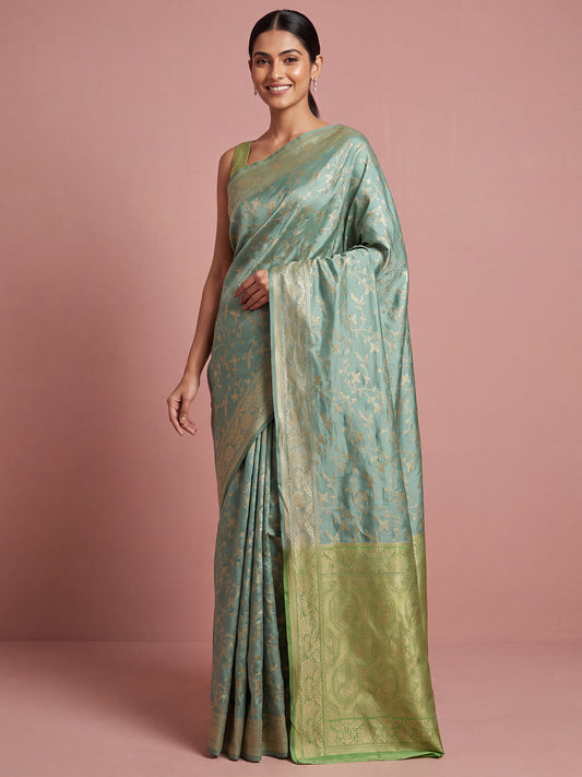 Green Tonal Zari Jaal Weave Banarasi Litchi Silk Saree