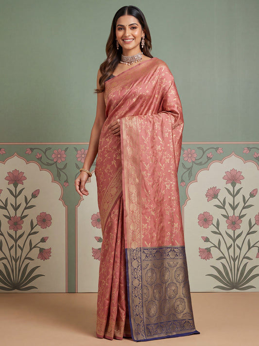 Dusty Rose Gold Zari Jaal Litchi Silk Saree