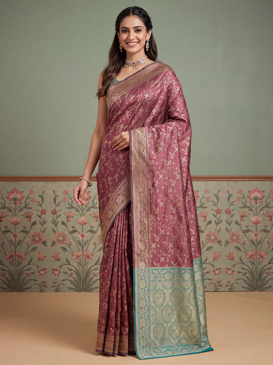Mauve Gold Zari Jaal Litchi Silk Saree
